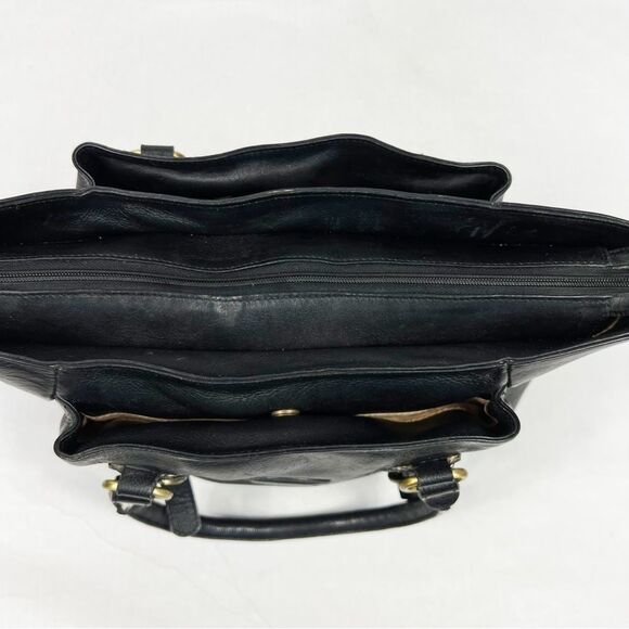Findig Black Leather Dual Handle Gold Lining 3 Compartment Shoulder Bag 14” x 9” - Picture 5 of 11